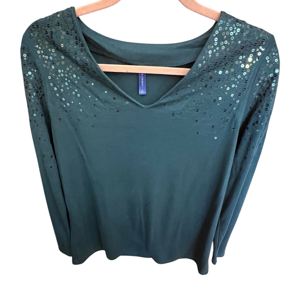 Stunning Dark Forest Green Long Sleeve Sequin Blouse by Falls Creek. Size=Large.